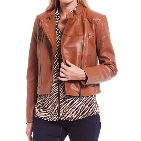 MICHAEL KORS Jacket 100% lambskin Leather Asymmetric Zip Brown luggage NWT - Picture 5 of 16